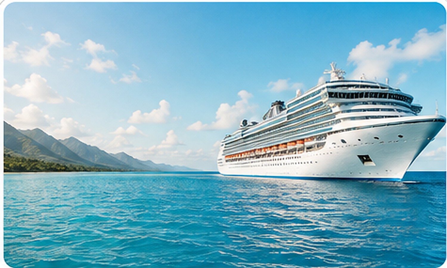 Cruise ship on bright blue tropical water near a mountainous island